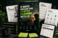 A digital product mockup for a guide titled '9 WAYS INDIANIS ARE QUIETLY EARNING WITH AI' displayed on a dark book cover, surrounded by printed worksheets, a tablet showing a comparison chart, sticky notes, and a black mug on a dark background.