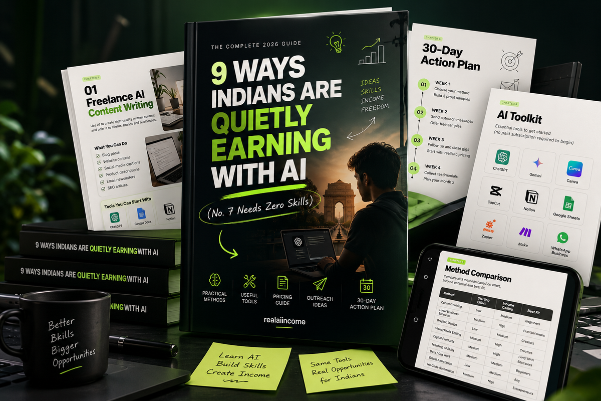 A digital product mockup for a guide titled '9 WAYS INDIANIS ARE QUIETLY EARNING WITH AI' displayed on a dark book cover, surrounded by printed worksheets, a tablet showing a comparison chart, sticky notes, and a black mug on a dark background.