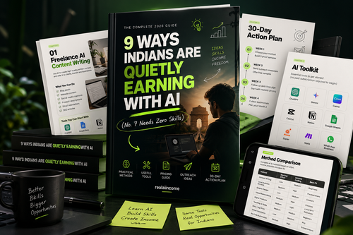 A digital product mockup for a guide titled '9 WAYS INDIANIS ARE QUIETLY EARNING WITH AI' displayed on a dark book cover, surrounded by printed worksheets, a tablet showing a comparison chart, sticky notes, and a black mug on a dark background.